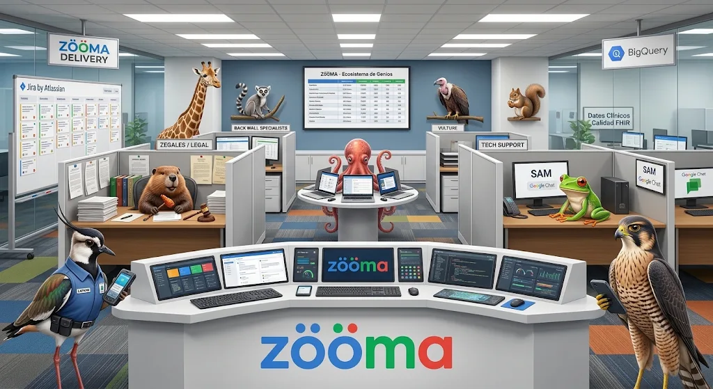 Oficina ilustrada de Zooma con los animales de cada app trabajando en sus escritorios